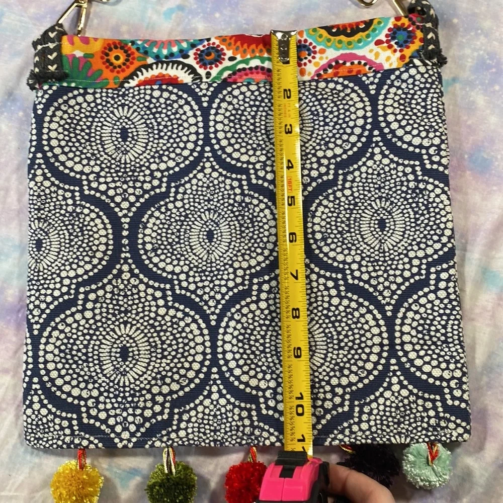 Kimbleberries • Boho Mixed Print Pom Pom Crossbody Canvas Bag